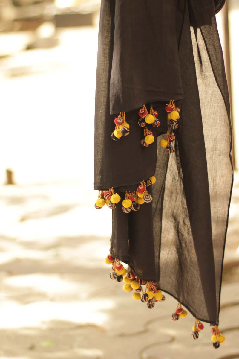 Mul Dupatta with Chindi Tassles- Black