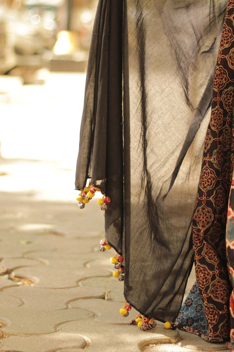 Mul Dupatta with Chindi Tassles- Black