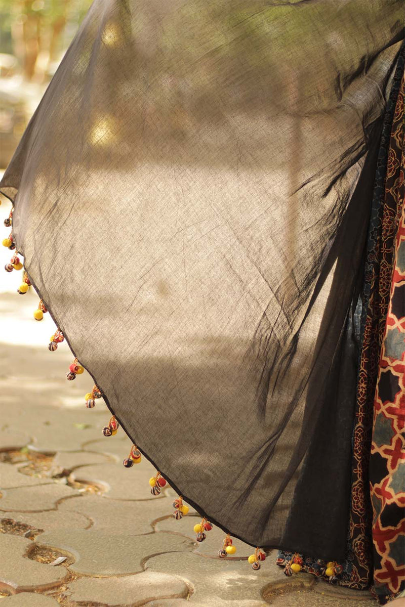 Mul Dupatta with Chindi Tassles- Black