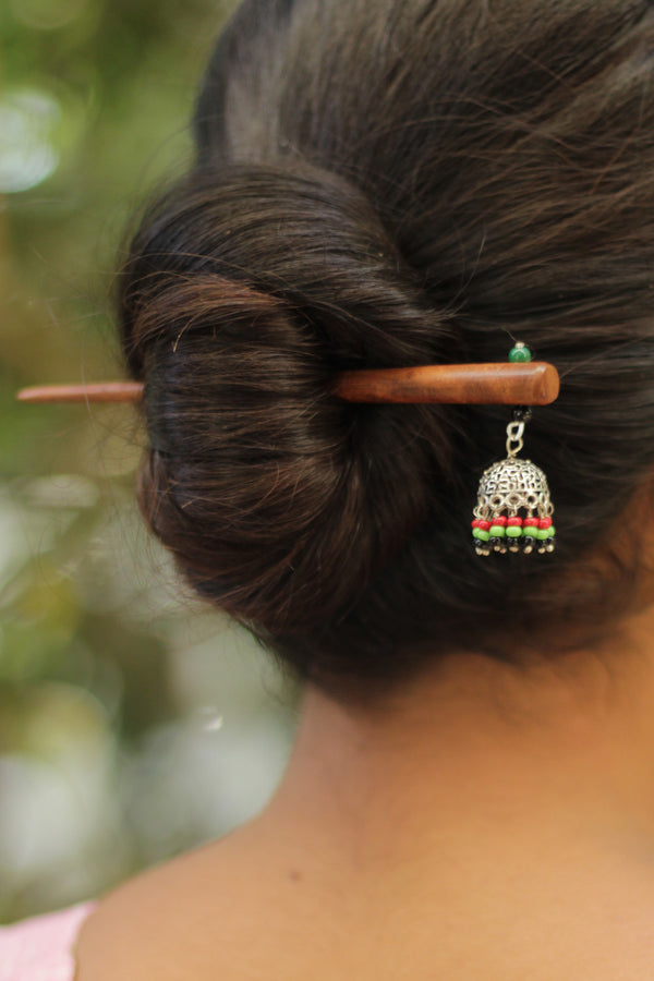 Anokhi | Small Jhumka Juda stick | Red, Green & Black