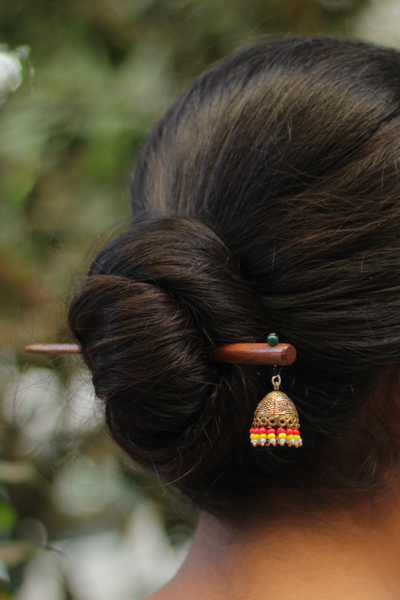 Anokhi | Small Jhumka Juda stick | Red, Yellow & White