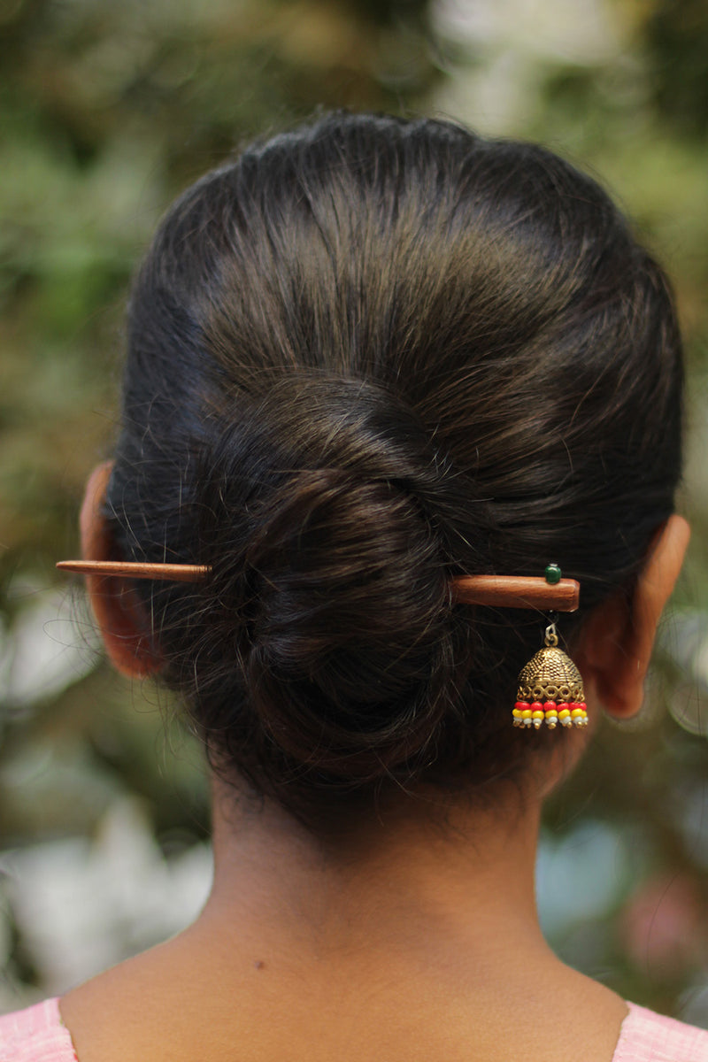 Anokhi | Small Jhumka Juda stick | Red, Yellow & White