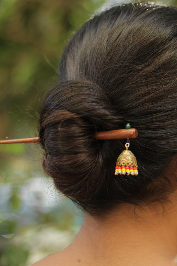 Anokhi | Small Jhumka Juda stick | Red, Yellow & White