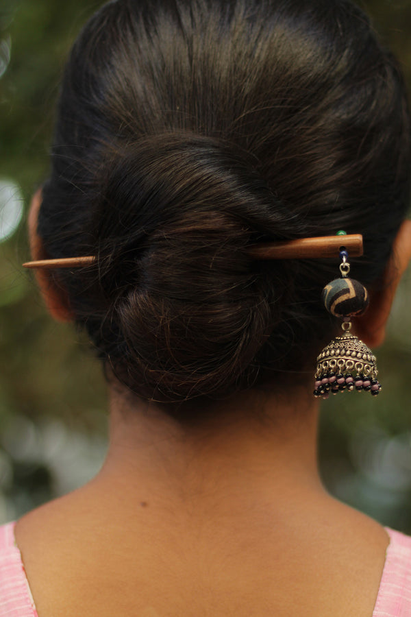 Anokhi | Potli  Jhumka Juda stick | Noir Ajrakh & Purple