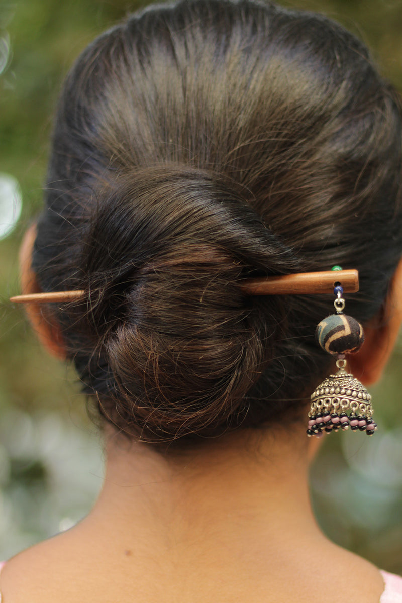 Anokhi | Potli  Jhumka Juda stick | Noir Ajrakh & Purple