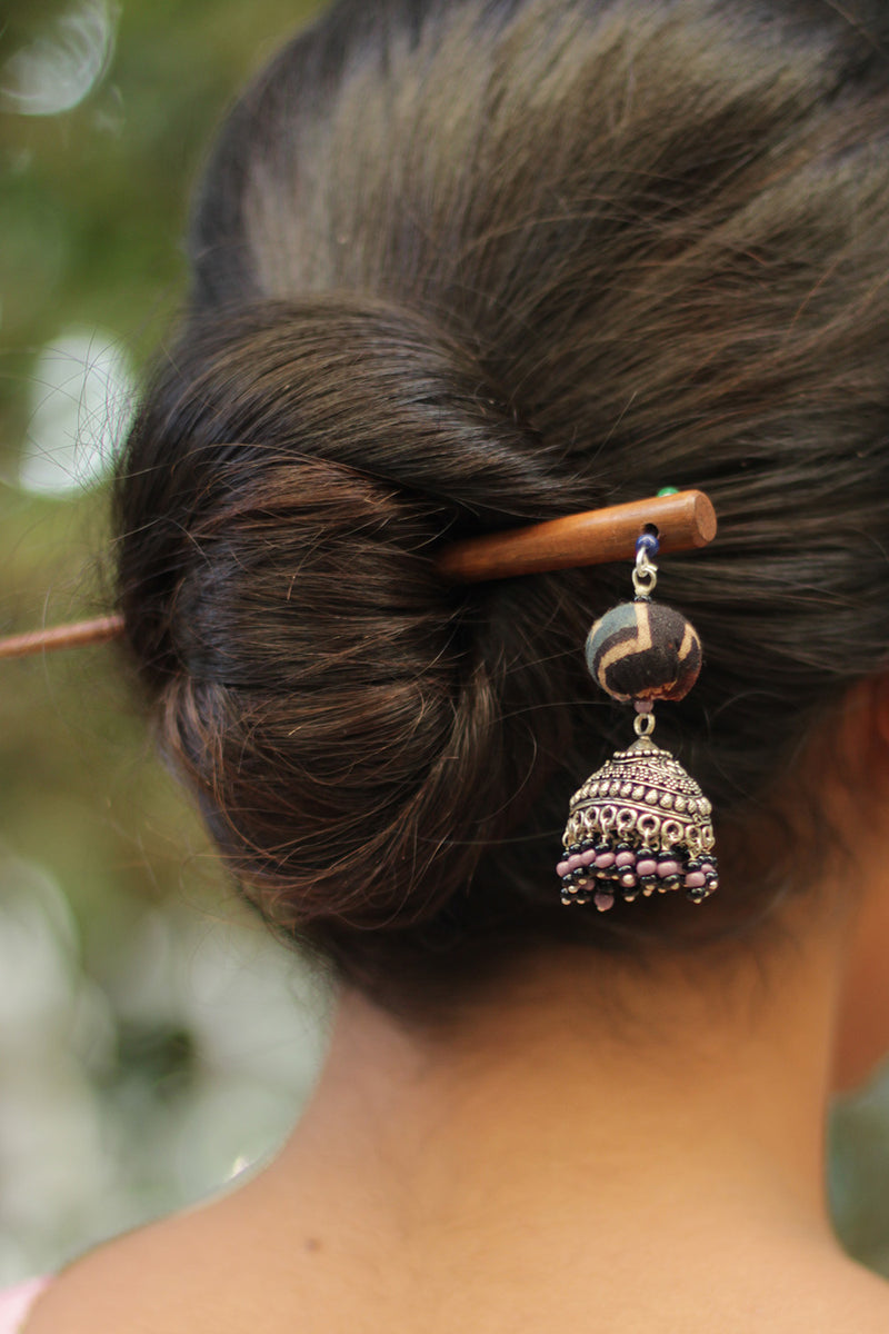 Anokhi | Potli  Jhumka Juda stick | Noir Ajrakh & Purple