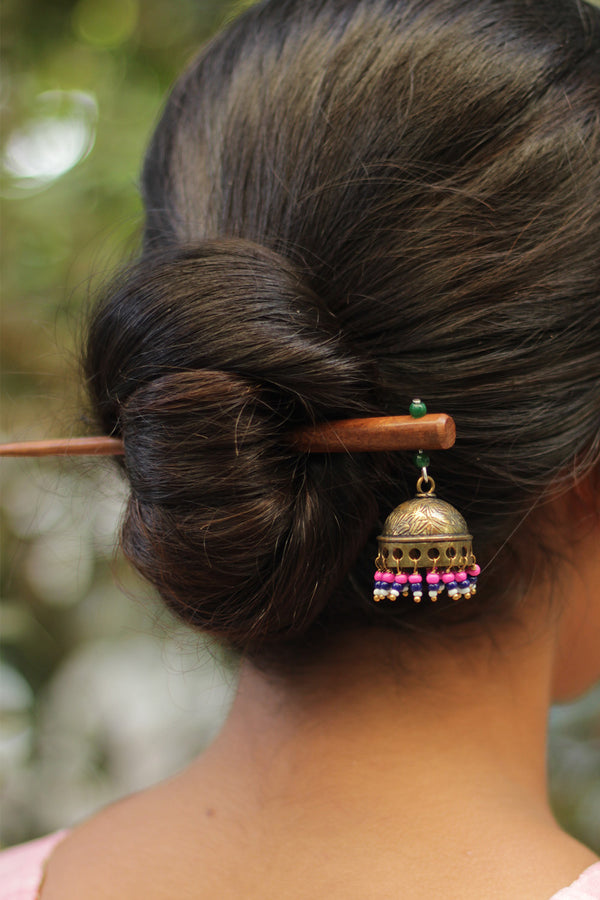 Anokhi | Brass Jhumka Juda Stick | Fuschia & Cobalt Blue