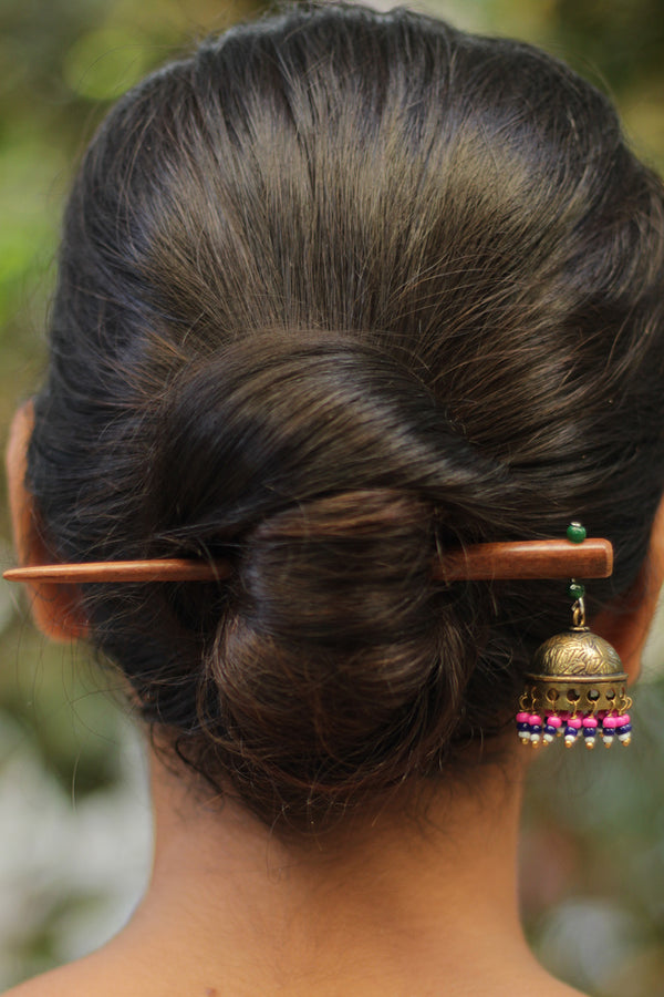 Anokhi | Brass Jhumka Juda Stick | Fuschia & Cobalt Blue