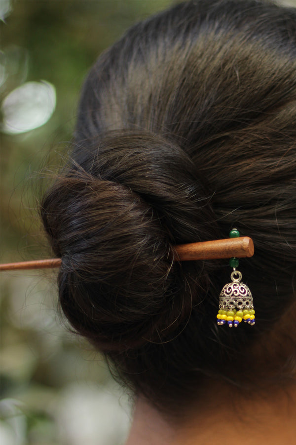 Anokhi | Small Jhumka Juda stick | Leaf Green & Yellow