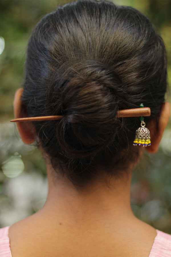 Anokhi | Small Jhumka Juda stick | Leaf Green & Yellow