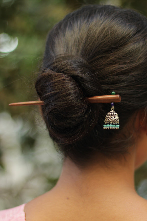 Anokhi | Small Jhumka Juda stick | Pale Blue & Black