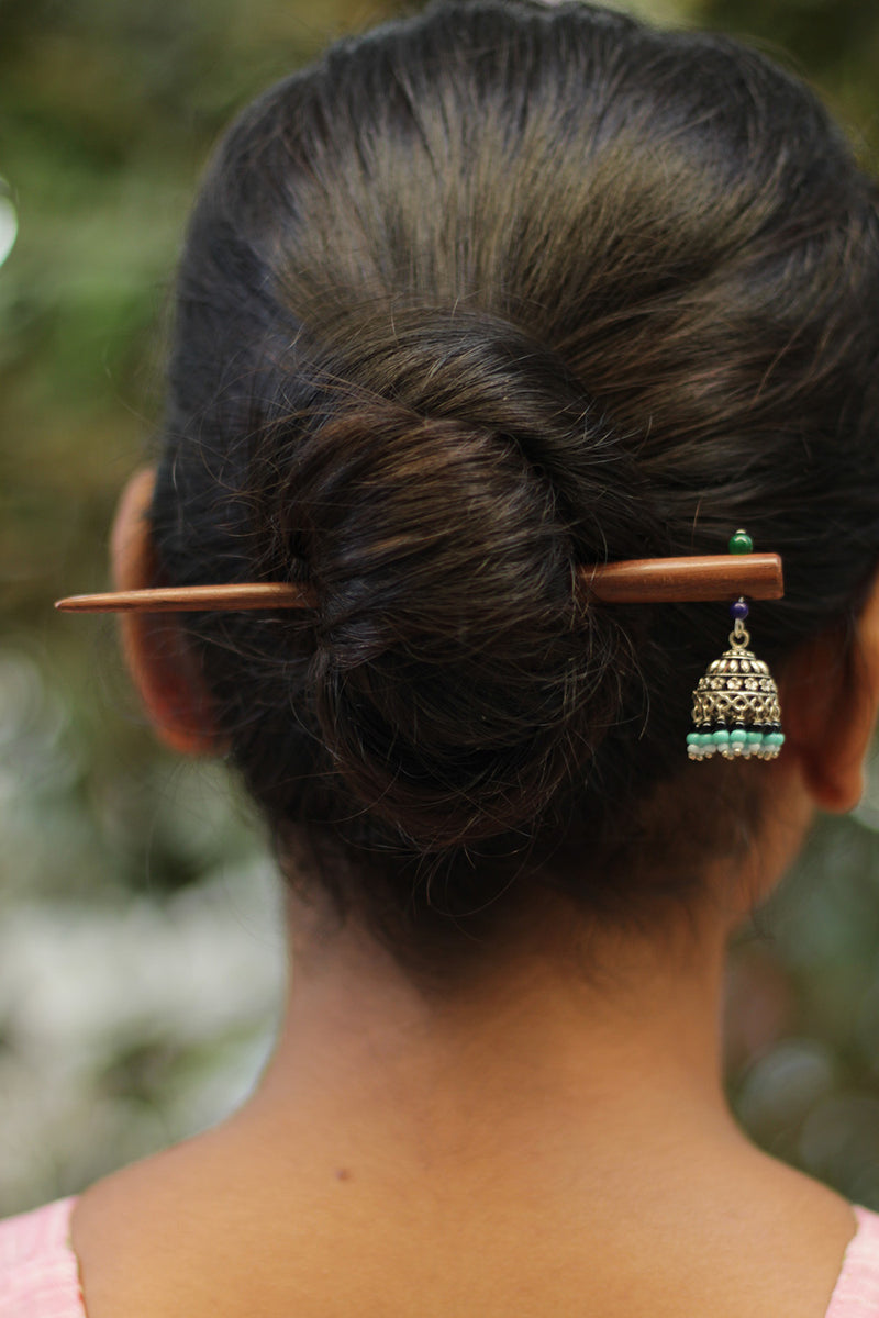 Anokhi | Small Jhumka Juda stick | Pale Blue & Black