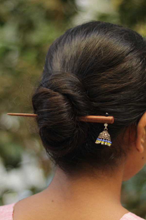 Anokhi | Small Jhumka Juda stick | Powder Blue & Leaf Green