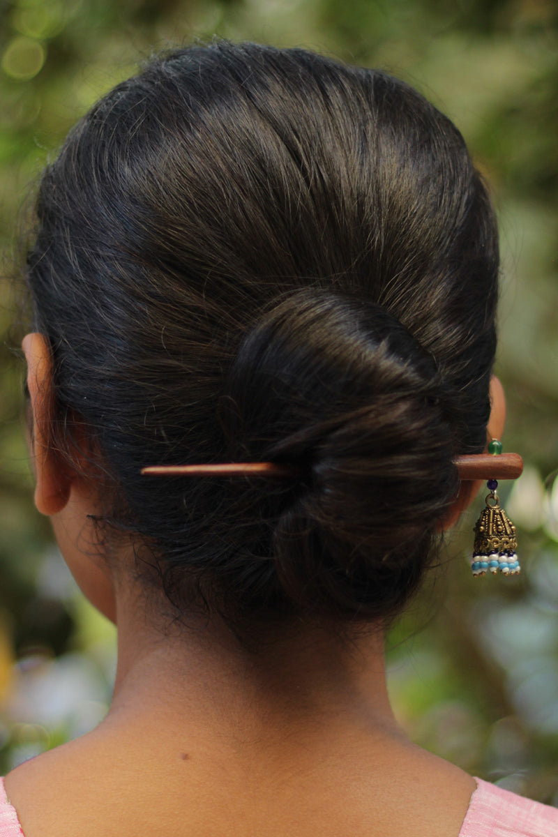 Anokhi | Small Jhumka Juda stick | White & Blue