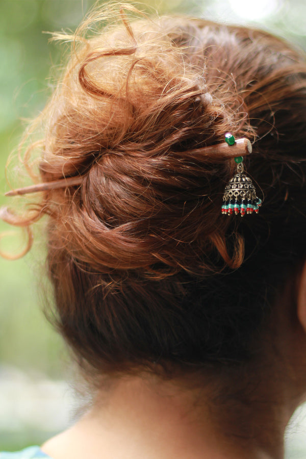 Anokhi | Small Jhumka Juda stick | Blue & Rust