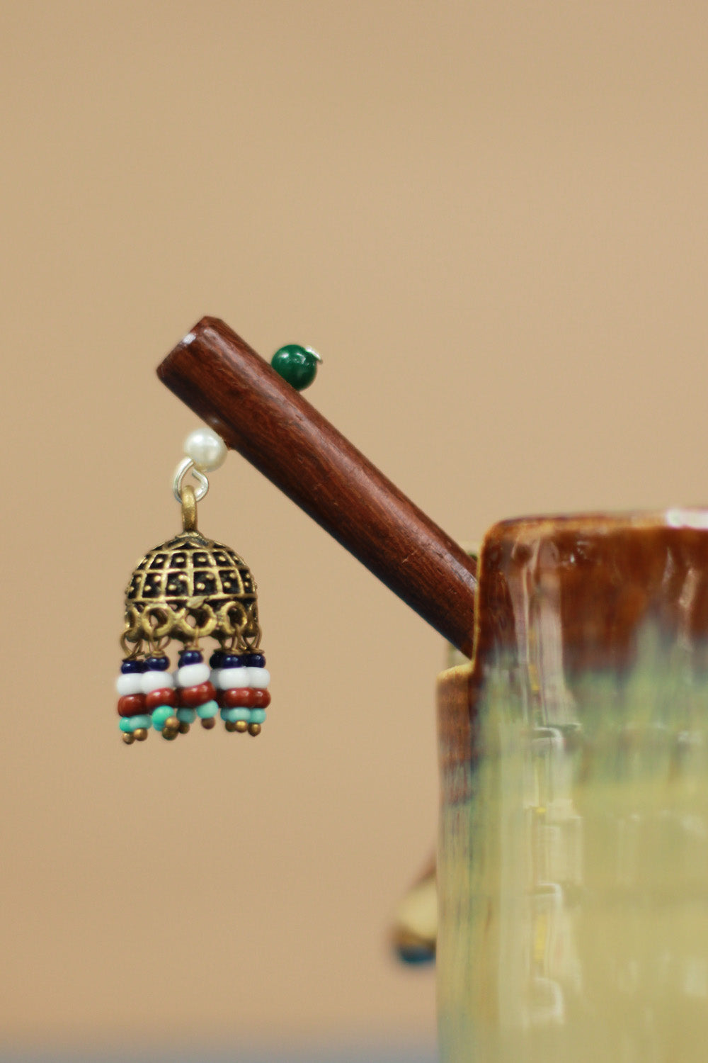 Anokhi | Small Jhumka Juda stick | White & Brown