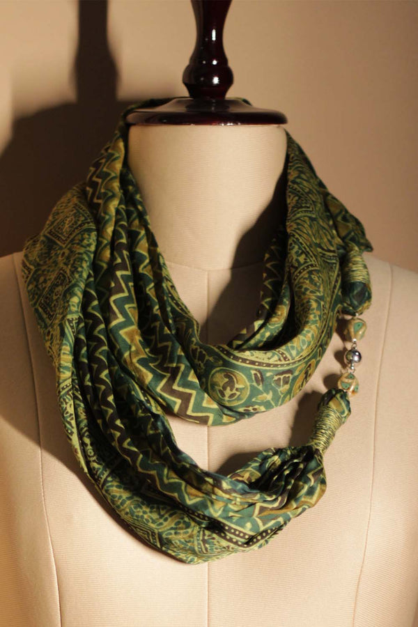 Scarf with Magnets | Green Chevron Ajrakh