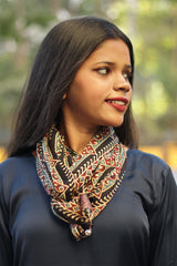 Scarf with Magnets |  Noir & Grey Stripes Ajrakh