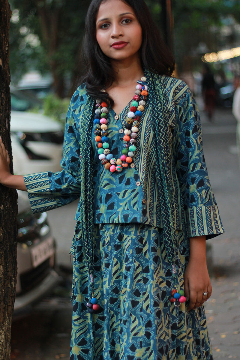 Rangat | Necklace Scarf | Mul Ajrakh | Sea Green Chevron