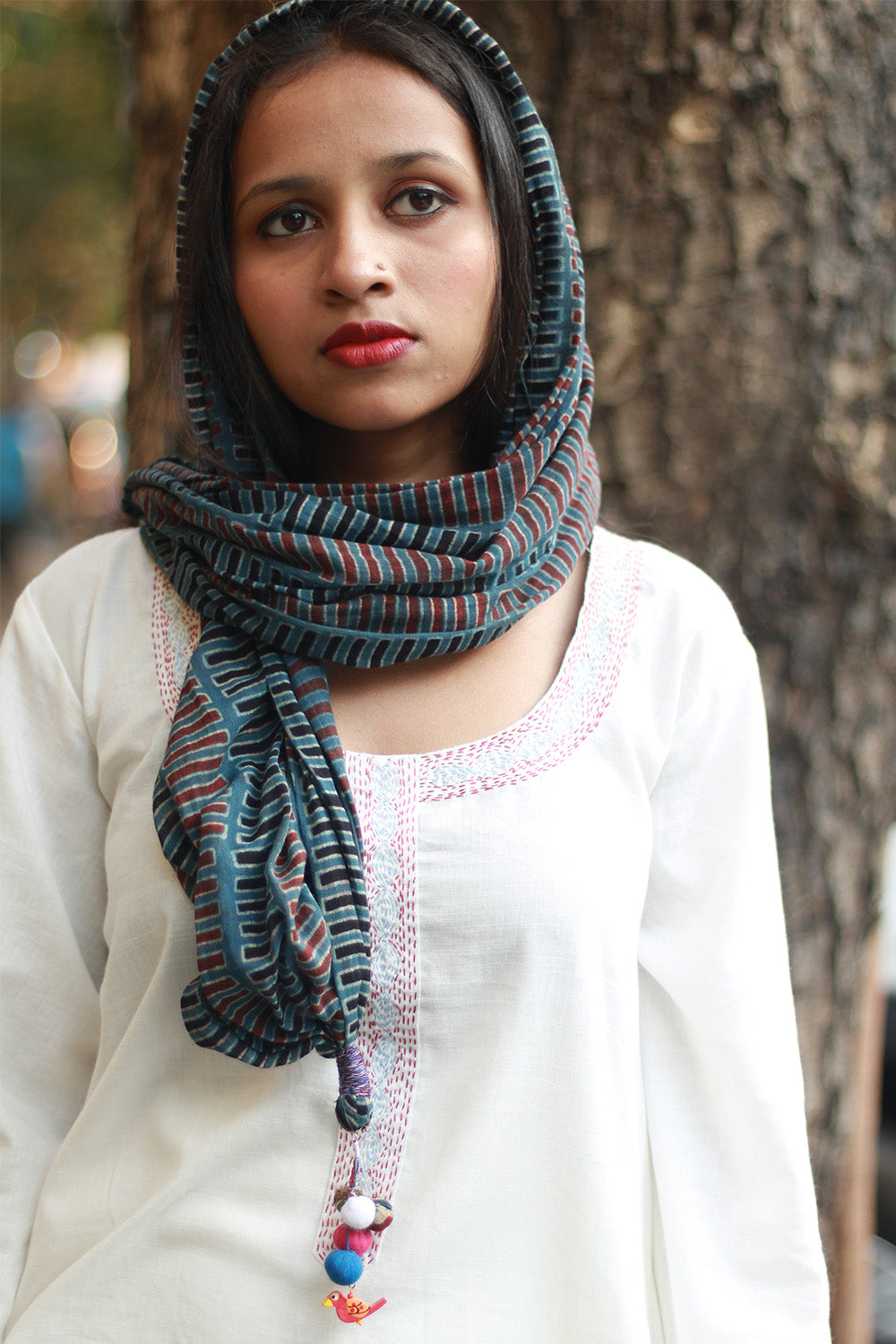 Phirki | Jewelled scarf | Mul Cotton | Rouge and Navy Ajrakh