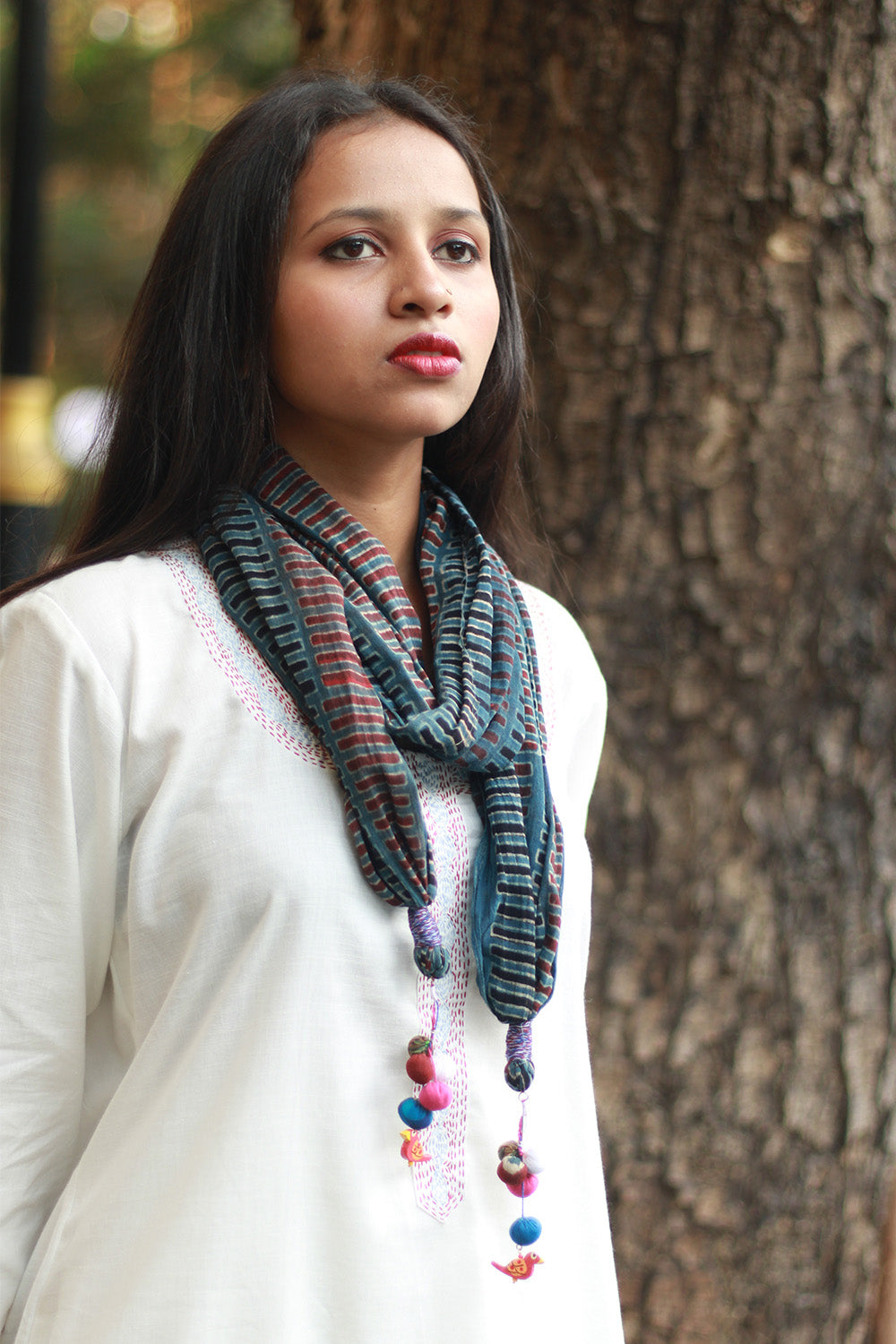 Phirki | Jewelled scarf | Mul Cotton | Rouge and Navy Ajrakh