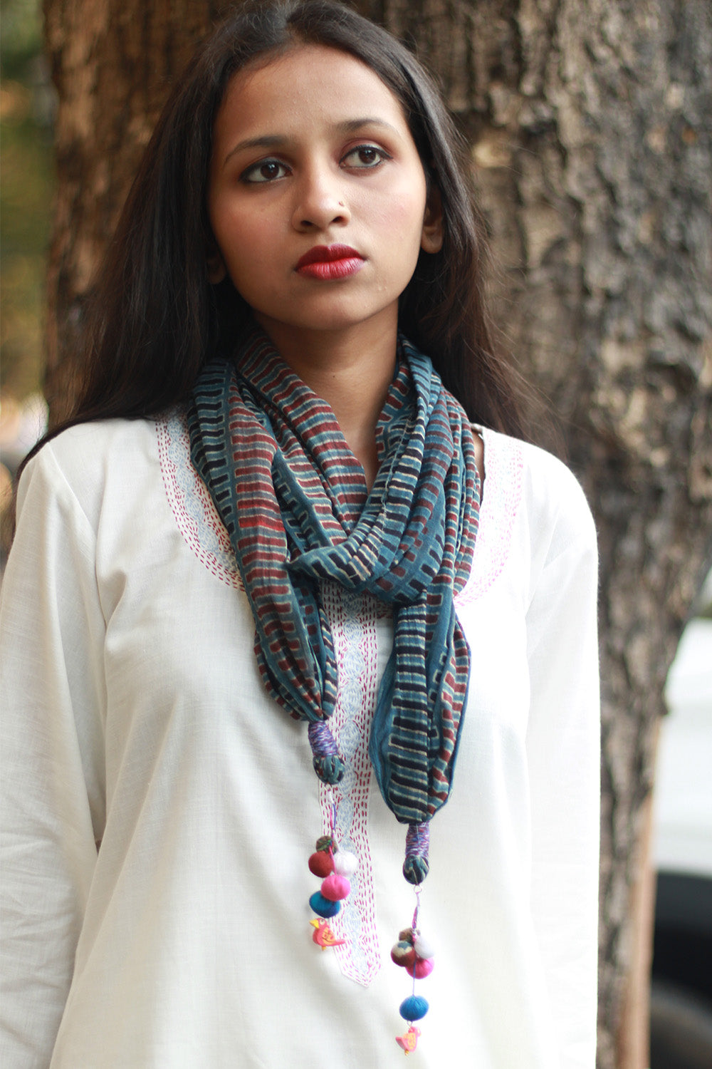 Phirki | Jewelled scarf | Mul Cotton | Rouge and Navy Ajrakh