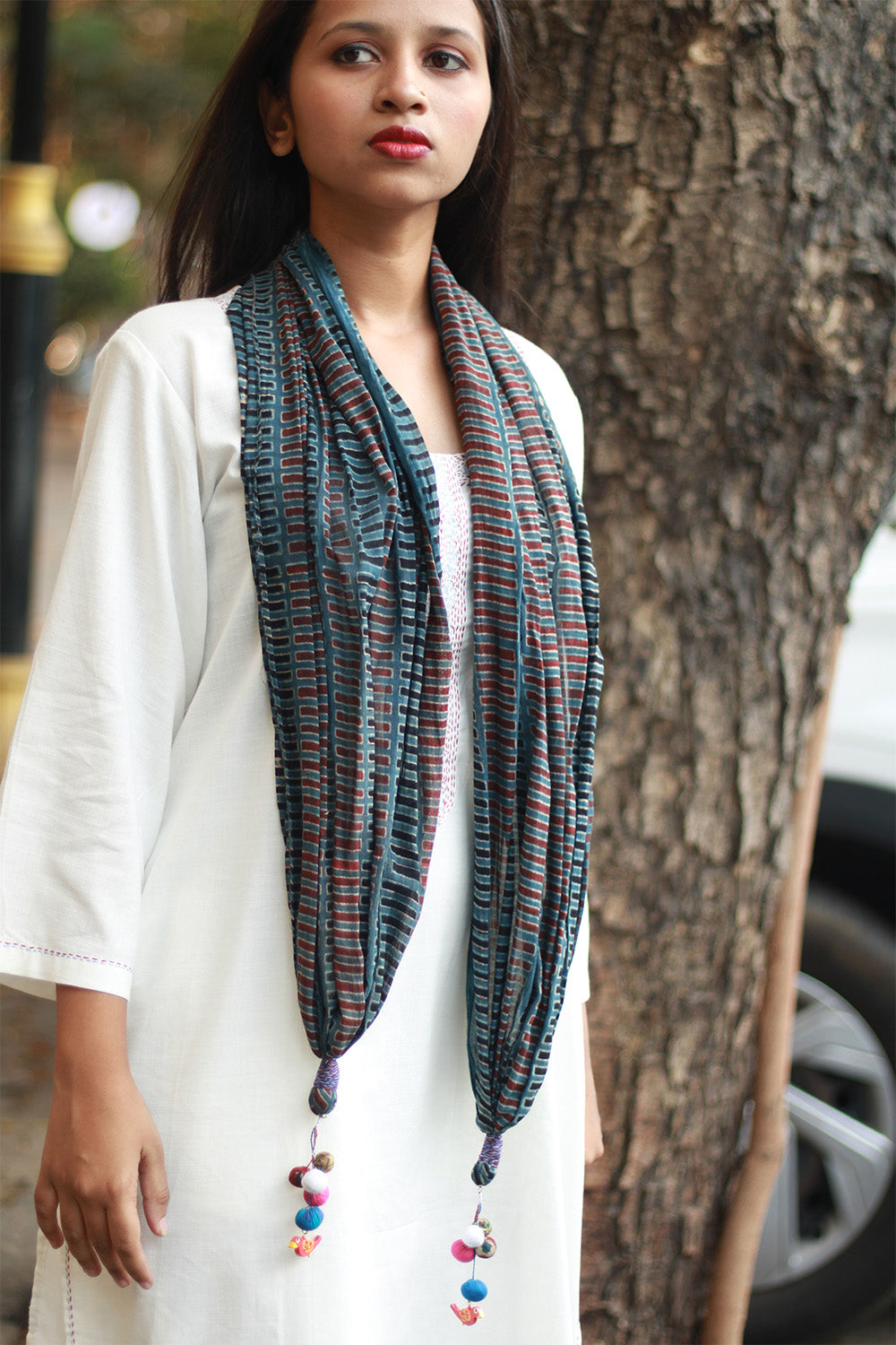 Phirki | Jewelled scarf | Mul Cotton | Rouge and Navy Ajrakh