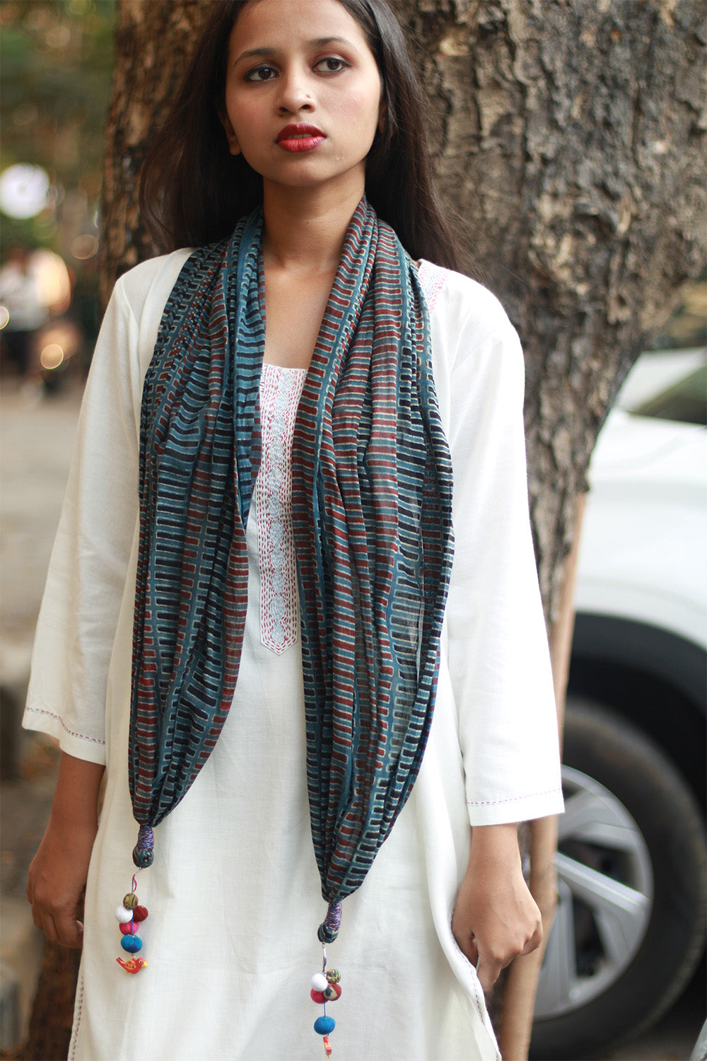 Phirki | Jewelled scarf | Mul Cotton | Rouge and Navy Ajrakh