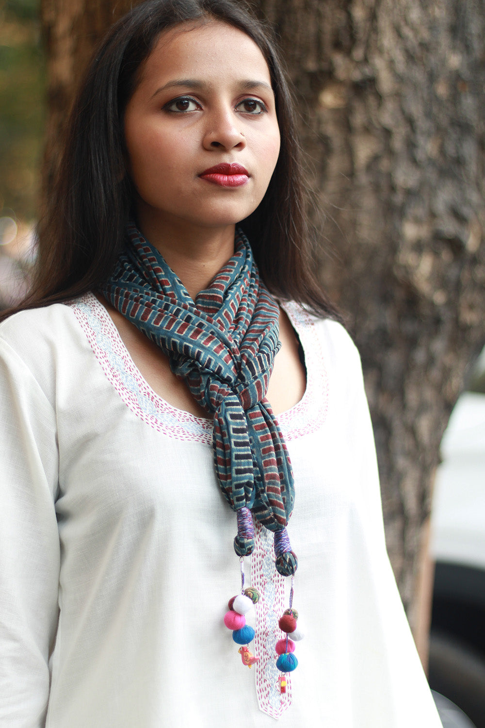 Phirki | Jewelled scarf | Mul Cotton | Rouge and Navy Ajrakh