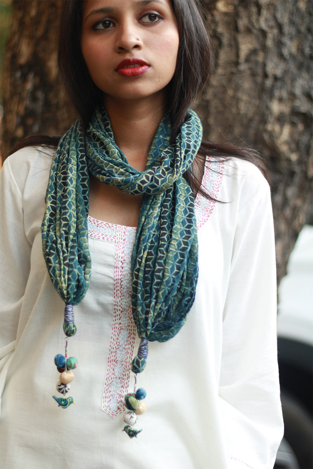 Phirki | Jewelled scarf | Mul Cotton | Sea Green Ajrakh