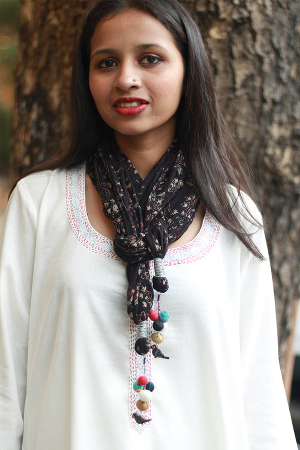 Phirki | Jewelled scarf | Mul Cotton | Noir Floral Ajrakh