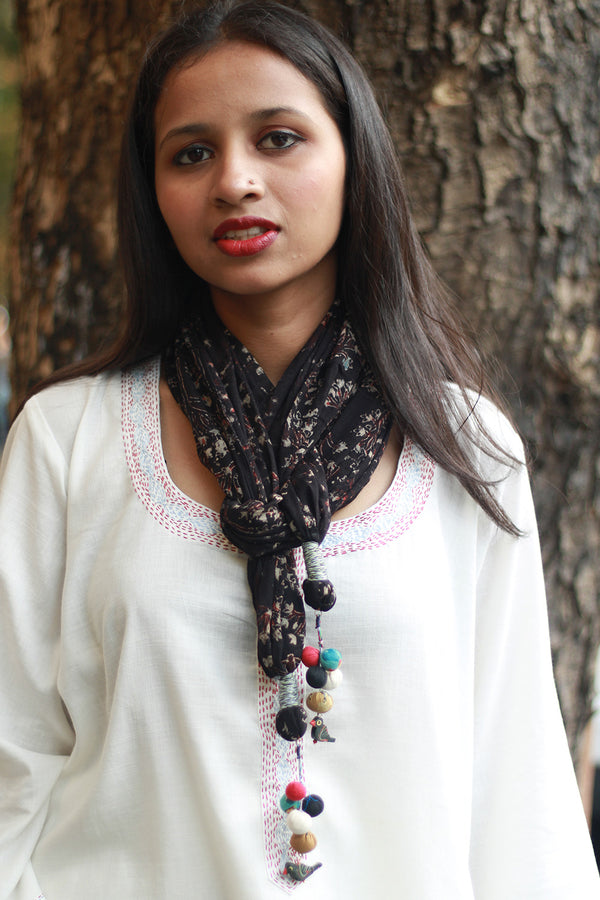 Phirki | Jewelled scarf | Mul Cotton | Noir Floral Ajrakh
