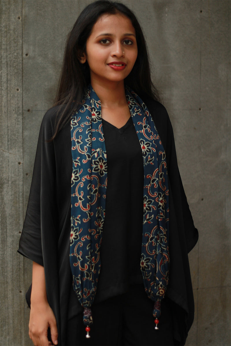 Scarf with Magnets | Blue Floral Ajrakh
