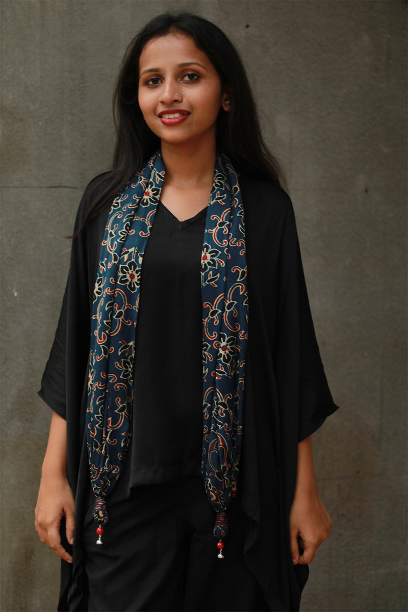 Scarf with Magnets | Blue Floral Ajrakh