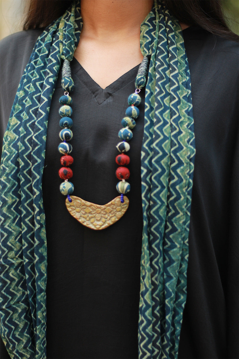 Rangat | Necklace Scarf | Mul Ajrakh | Sea Green