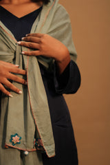 Phulwari | Mul Stole with Chindi Florets | Sage Green with Teal flowers