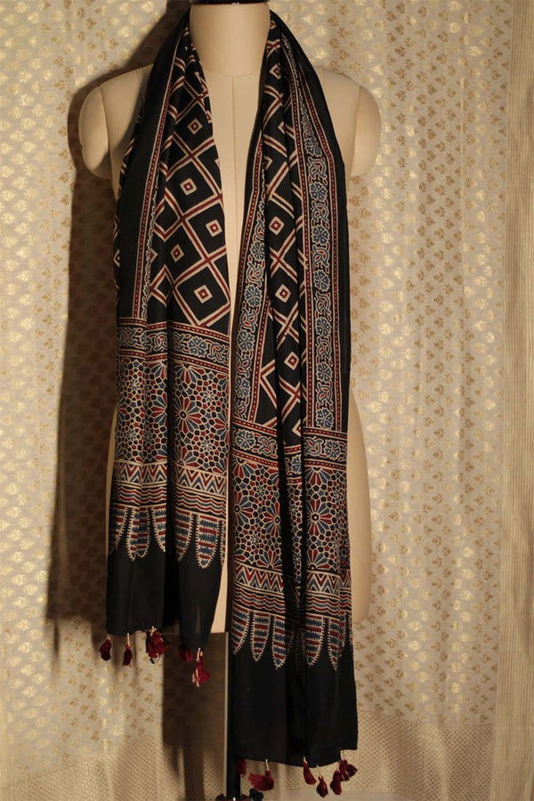 Cotton Silk Stole | Noir Diamonds Ajrakh