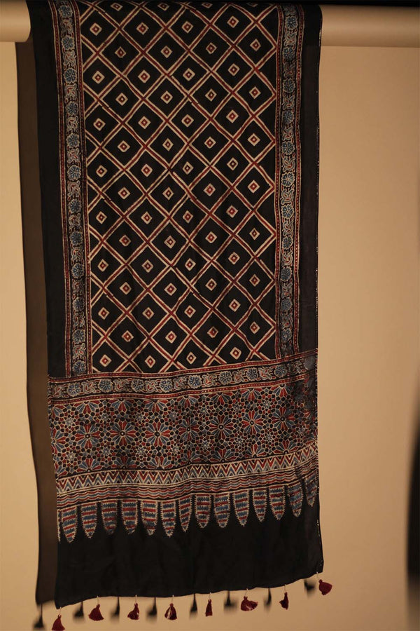 Cotton Silk Stole | Noir Diamonds Ajrakh