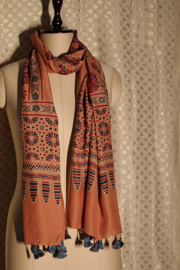 Cotton Silk Stole | Tangerine Ajrakh