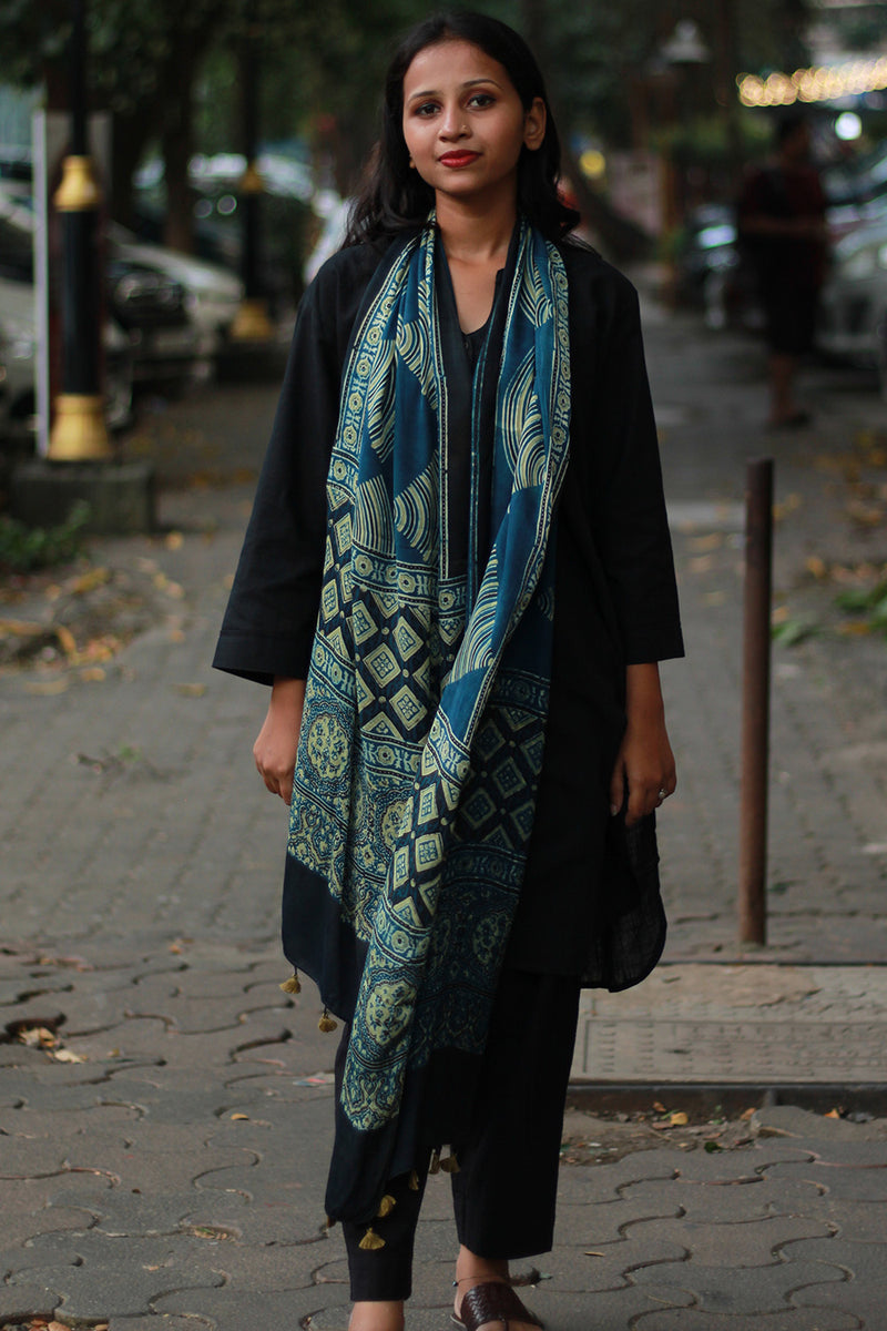 Antara | Modal Silk Stole | ISea Green Trikon Ajrakh
