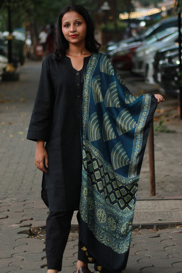 Antara | Modal Silk Stole | ISea Green Trikon Ajrakh