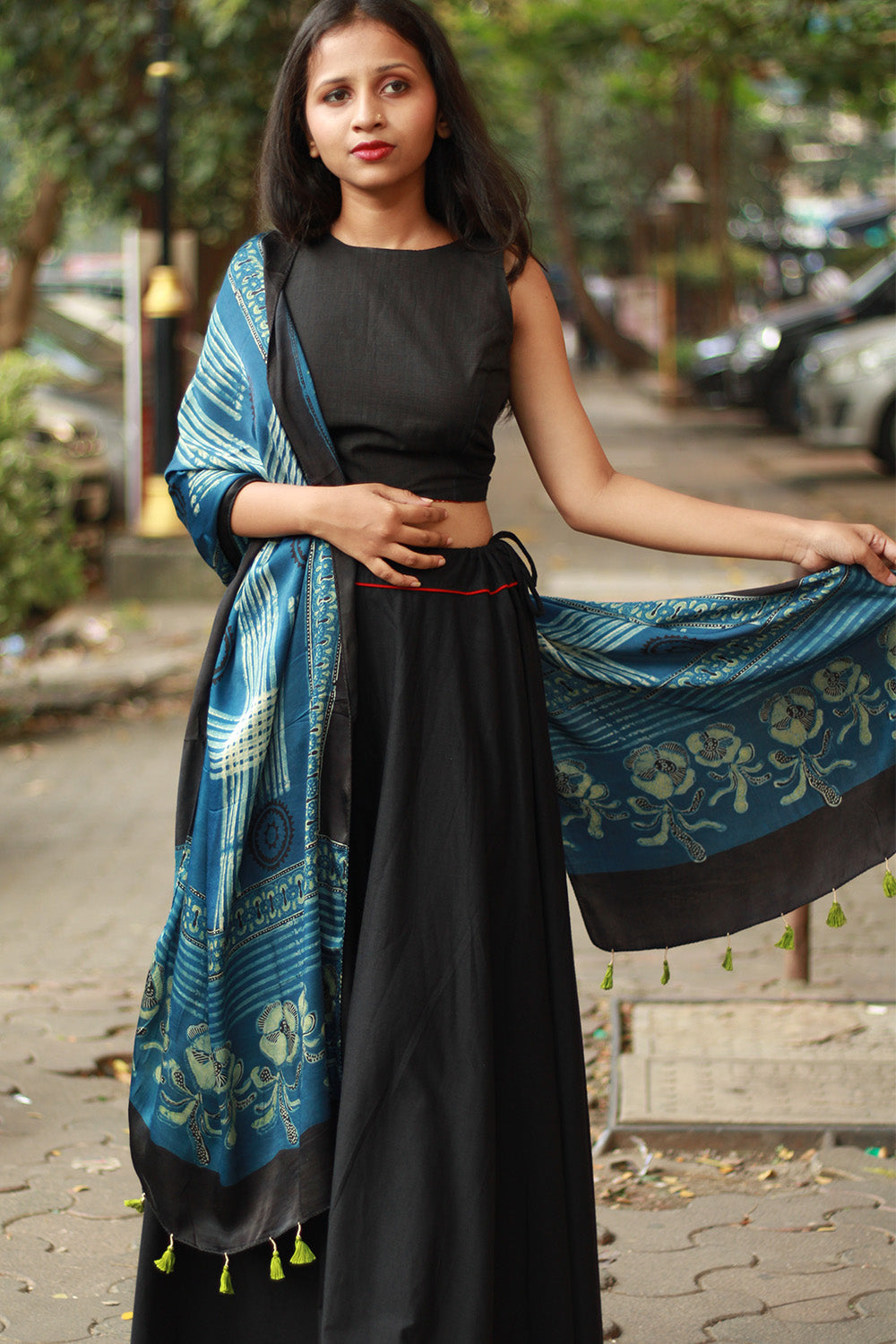 Antara | Modal Silk Stole | Indigo Stripes Ajrakh