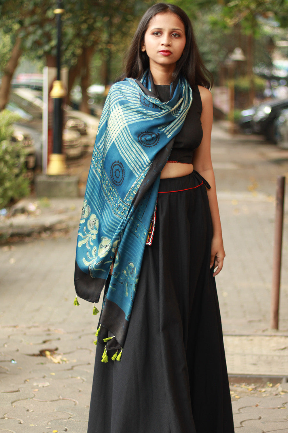 Antara | Modal Silk Stole | Indigo Stripes Ajrakh