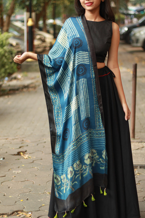 Antara | Modal Silk Stole | Indigo Stripes Ajrakh