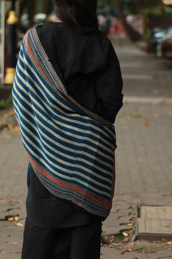 Antara | Modal Silk Stole | Indigo Stripes Ajrakh