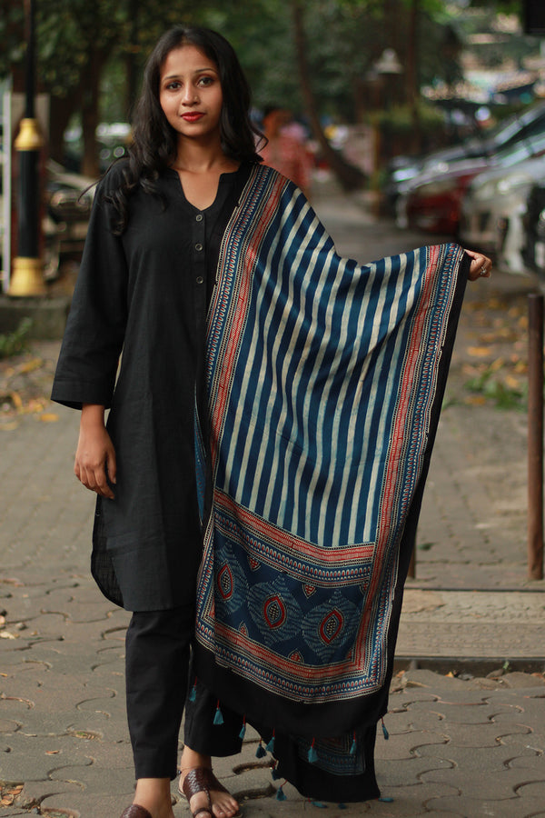 Antara | Modal Silk Stole | Indigo Stripes Ajrakh