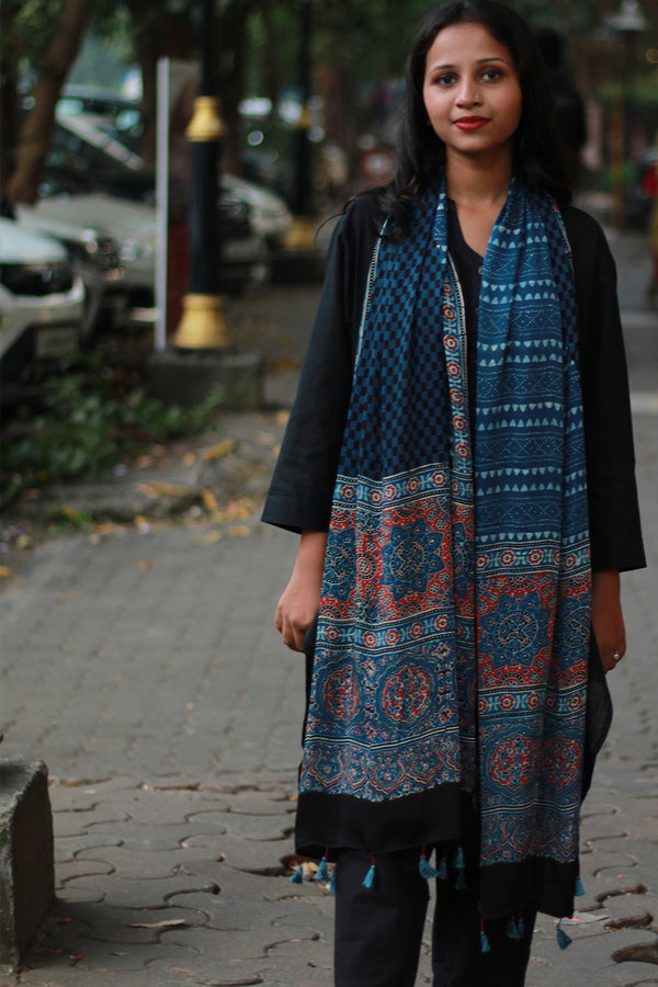 Antara | Modal Silk Stole | Indigo & Noir Choukor Ajrakh