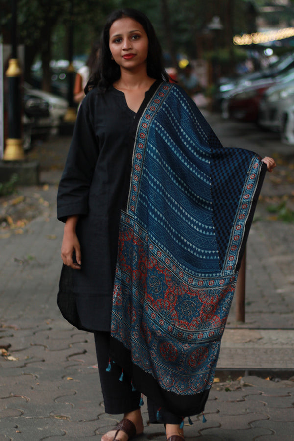 Antara | Modal Silk Stole | Indigo & Noir Choukor Ajrakh