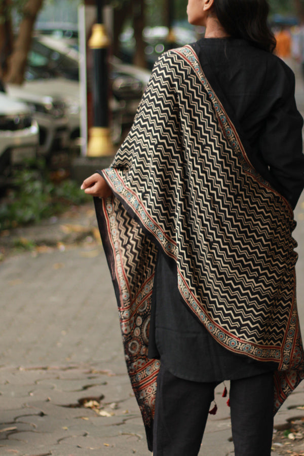 Antara | Modal Silk Stole | Noir Chevron Ajrakh