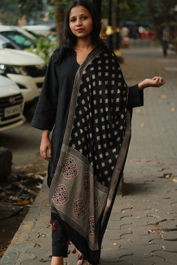 Antara | Modal Silk Stole | Noir Floral Booti Ajrakh